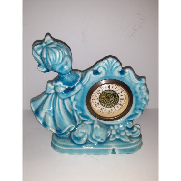 Vintage German Wind Up Clock with Girl in Dress Robin Egg Blue Made in Germany - Picture 1 of 10